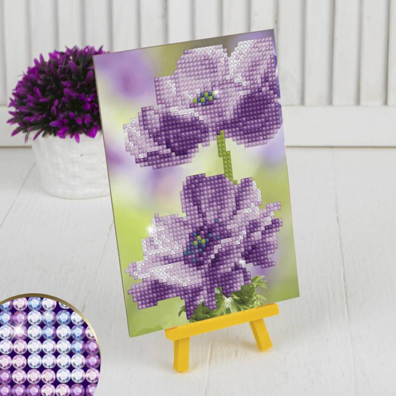 Алмазная вышивка стразами с частичным заполнением на подставке «Цветы» + холст 13 х 19 см. Набор для творчества